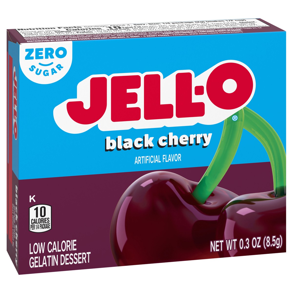 slide 3 of 9, Jell-O Black Cherry Artificially Flavored Zero Sugar Low Calorie Gelatin Dessert Mix, 0.3 oz Box, 0.3 oz