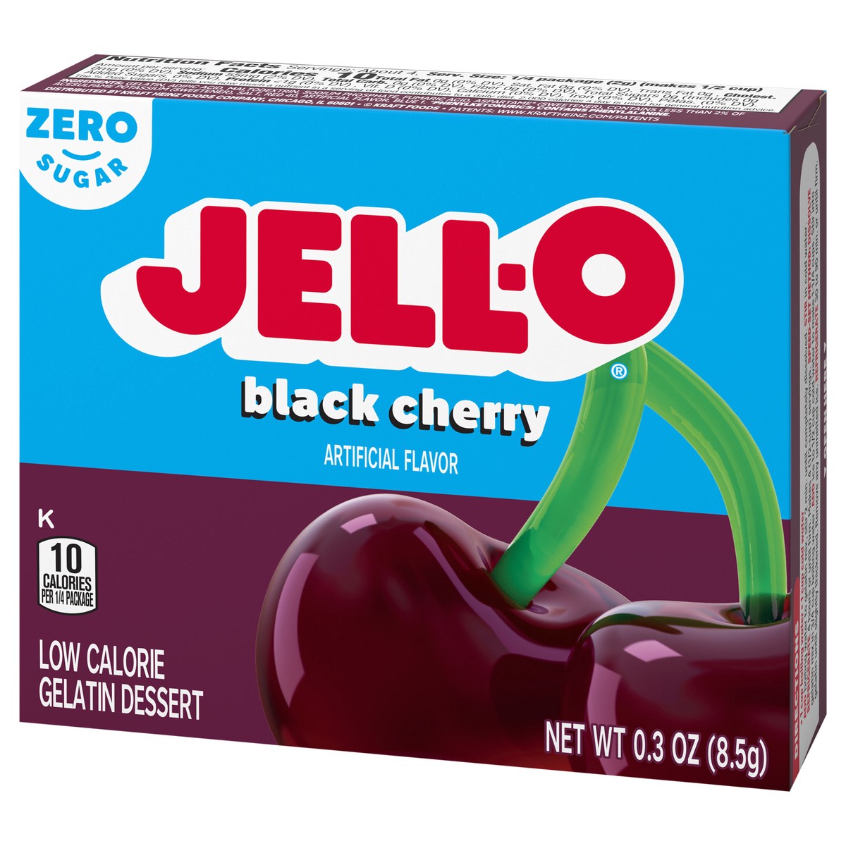 slide 5 of 9, Jell-O Black Cherry Artificially Flavored Zero Sugar Low Calorie Gelatin Dessert Mix, 0.3 oz Box, 0.3 oz