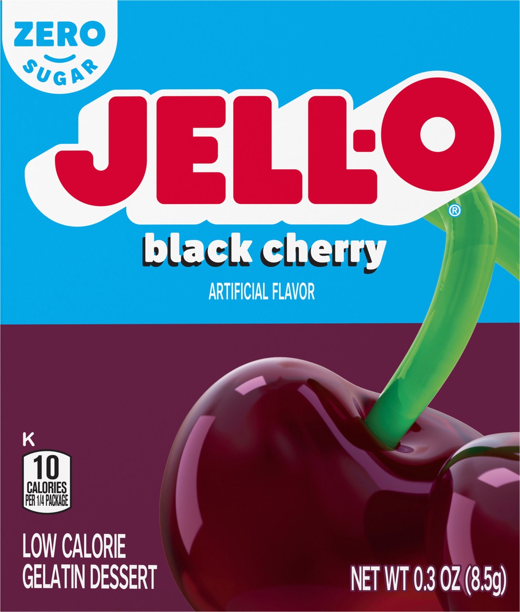 slide 2 of 9, Jell-O Black Cherry Artificially Flavored Zero Sugar Low Calorie Gelatin Dessert Mix, 0.3 oz Box, 0.3 oz