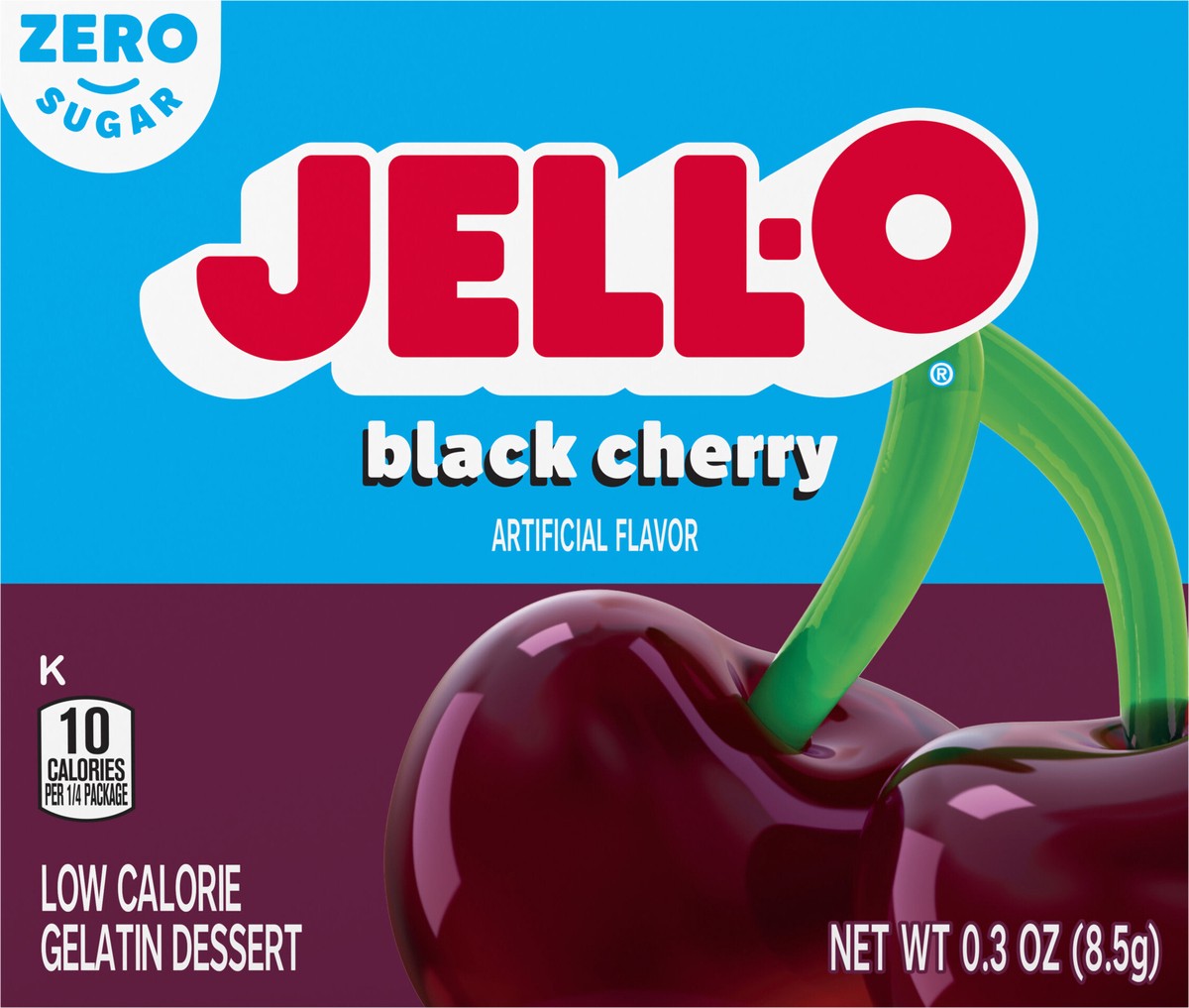 slide 6 of 9, Jell-O Black Cherry Artificially Flavored Zero Sugar Low Calorie Gelatin Dessert Mix, 0.3 oz Box, 0.3 oz