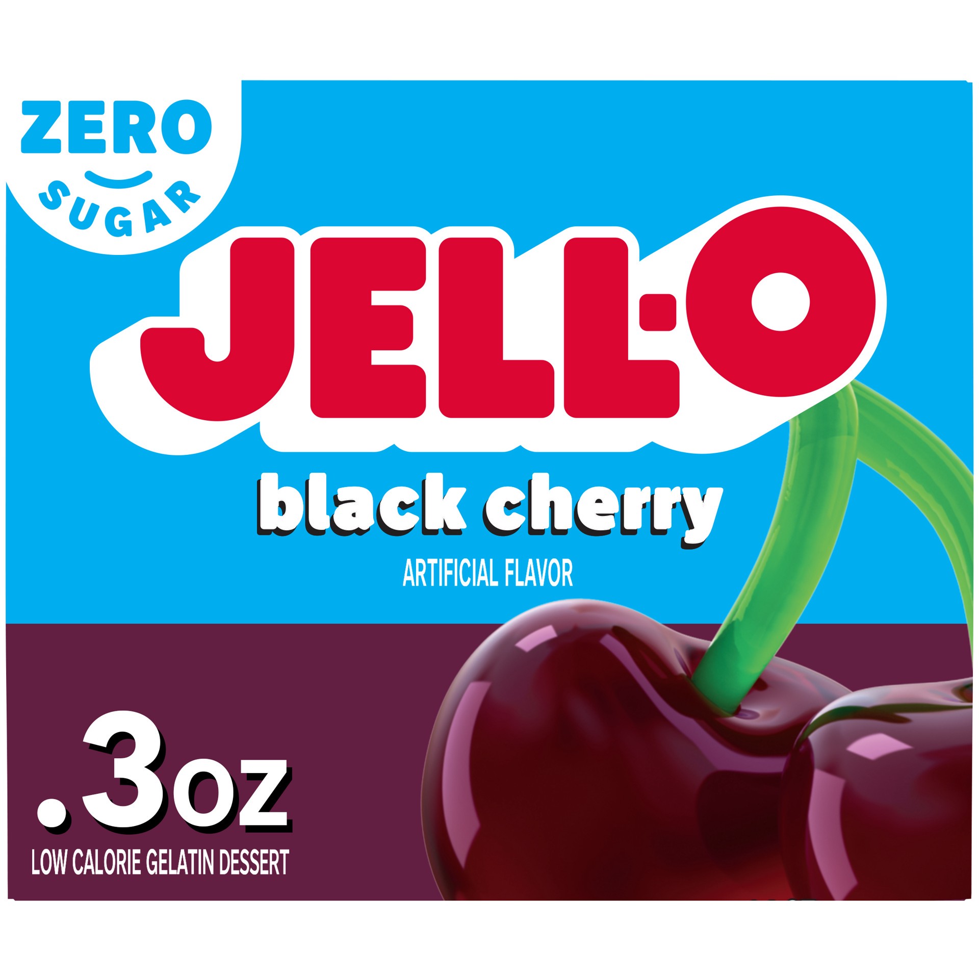 slide 1 of 9, Jell-O Black Cherry Artificially Flavored Zero Sugar Low Calorie Gelatin Dessert Mix, 0.3 oz Box, 0.3 oz