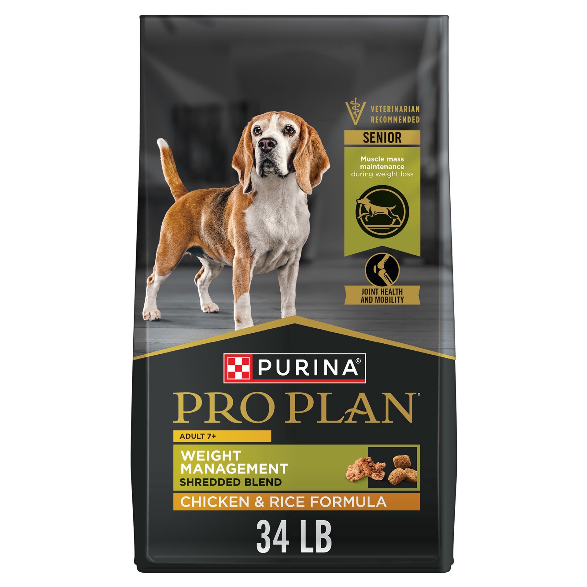 slide 1 of 1, Purina Pro Plan Adult 7 Plus Weight Management Shredded Blend Chicken and Rice Formula Senior Dog Food, 34 lb