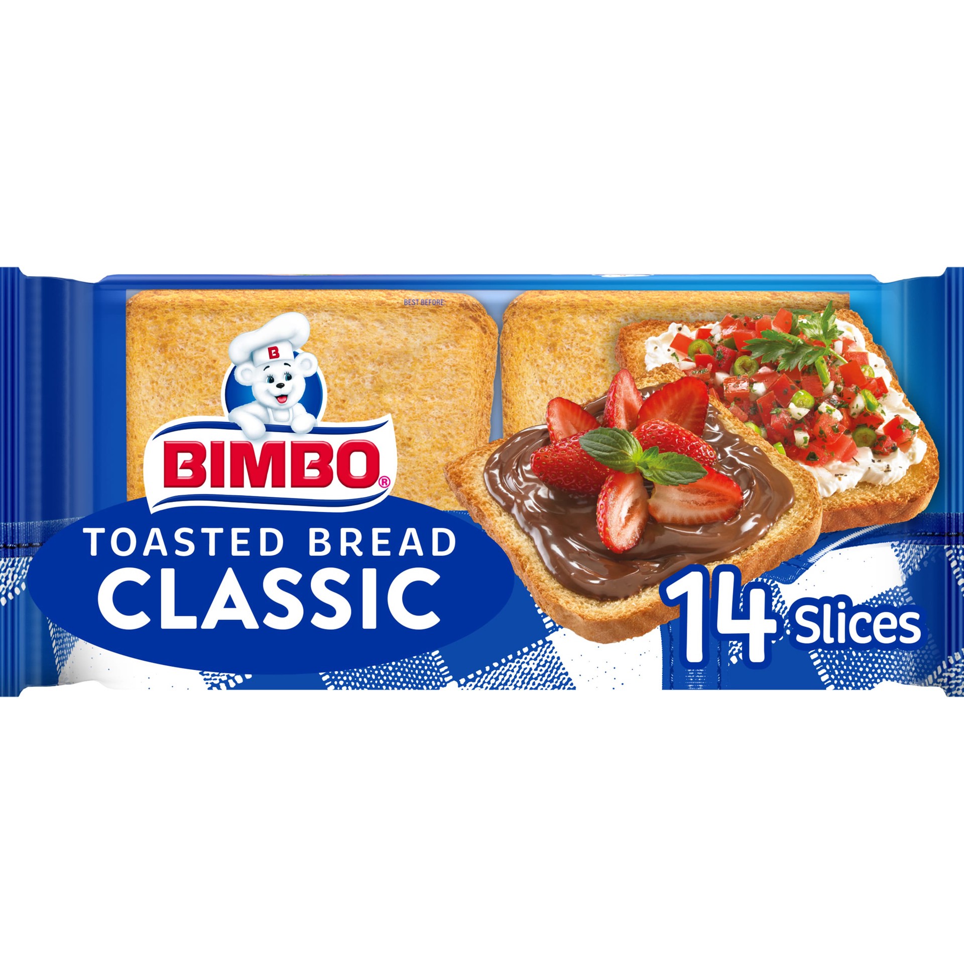 slide 1 of 14, Bimbo Pan Tostado Classic Toasted Bread, 14 count, White Toasted Bread, 7.41 oz Bag, 14 ct