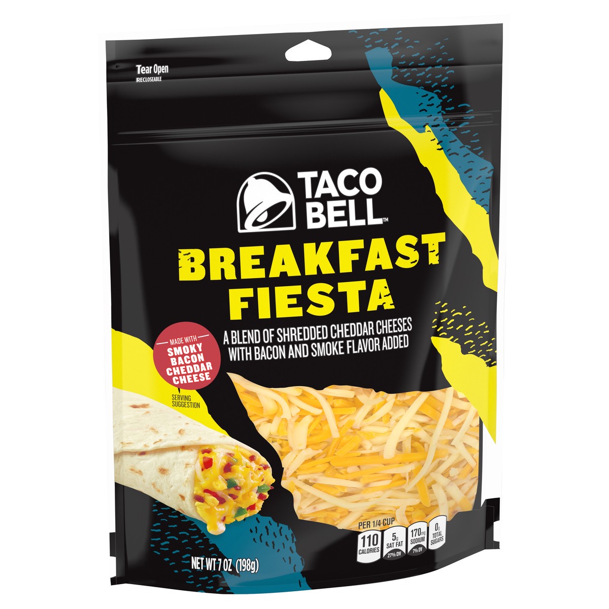 slide 2 of 10, Taco Bell Breakfast Fiesta Shredded Cheese Blend with Backon & Smoke Flavor Added, 7 oz
