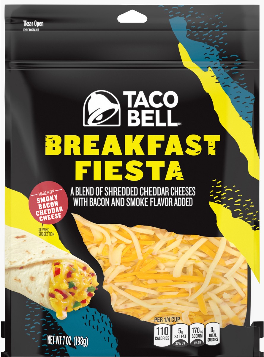 slide 9 of 10, Taco Bell Breakfast Fiesta Shredded Cheese Blend with Backon & Smoke Flavor Added, 7 oz