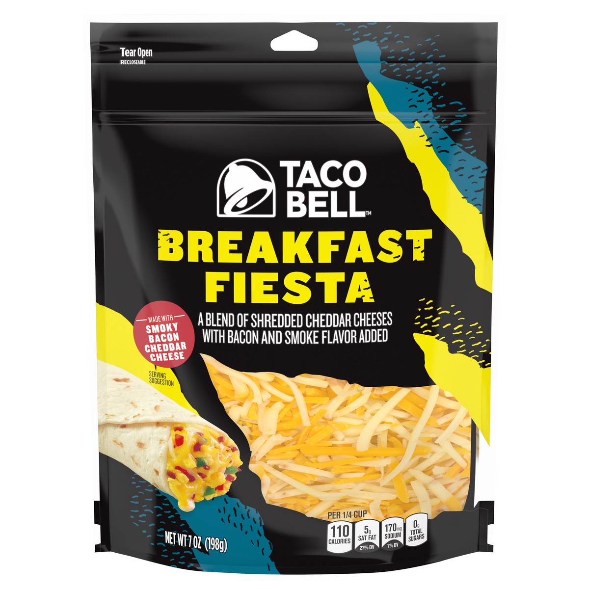 slide 1 of 10, Taco Bell Breakfast Fiesta Shredded Cheese Blend with Backon & Smoke Flavor Added, 7 oz