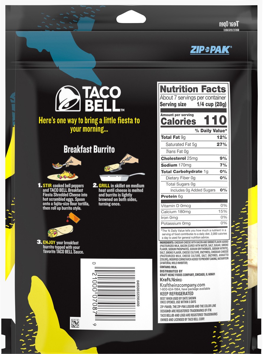slide 10 of 10, Taco Bell Breakfast Fiesta Shredded Cheese Blend with Backon & Smoke Flavor Added, 7 oz