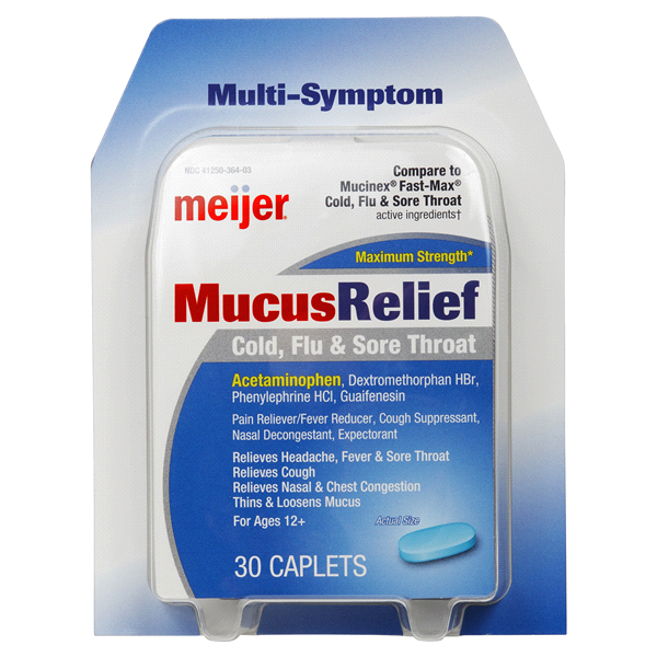 slide 1 of 1, Meijer Mucus Relief Cold , Flu, and Sore Throat Caplets, 30 ct