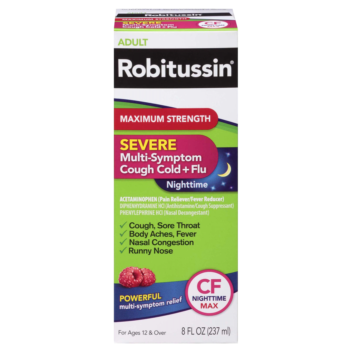 slide 1 of 6, Robitussin Maximum Strength Severe Nighttime Multi-Symptom Cough, Cold and Flu Medicine, Nighttime CF Max, Raspberry Flavor - 8 Fl Oz Bottle, 8 fl oz