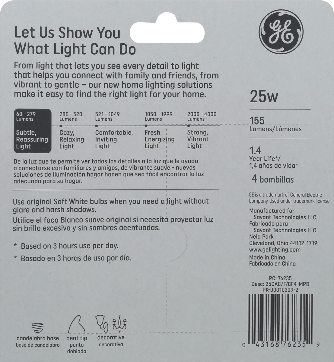 slide 3 of 9, Ge 25-Watt Bent Tip Candelabra Base Light Bulbs, 4 ct