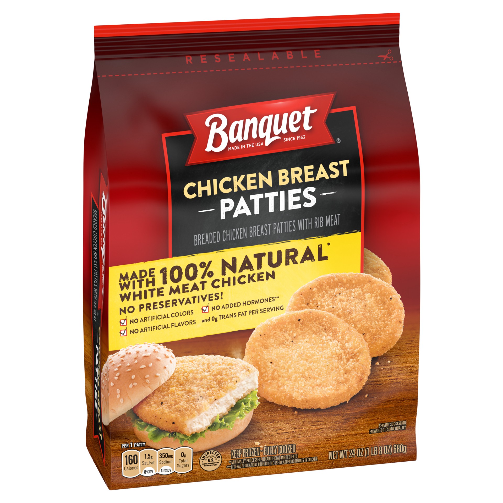 slide 2 of 5, Banquet Chicken Breast Patties 24 oz, 24 oz