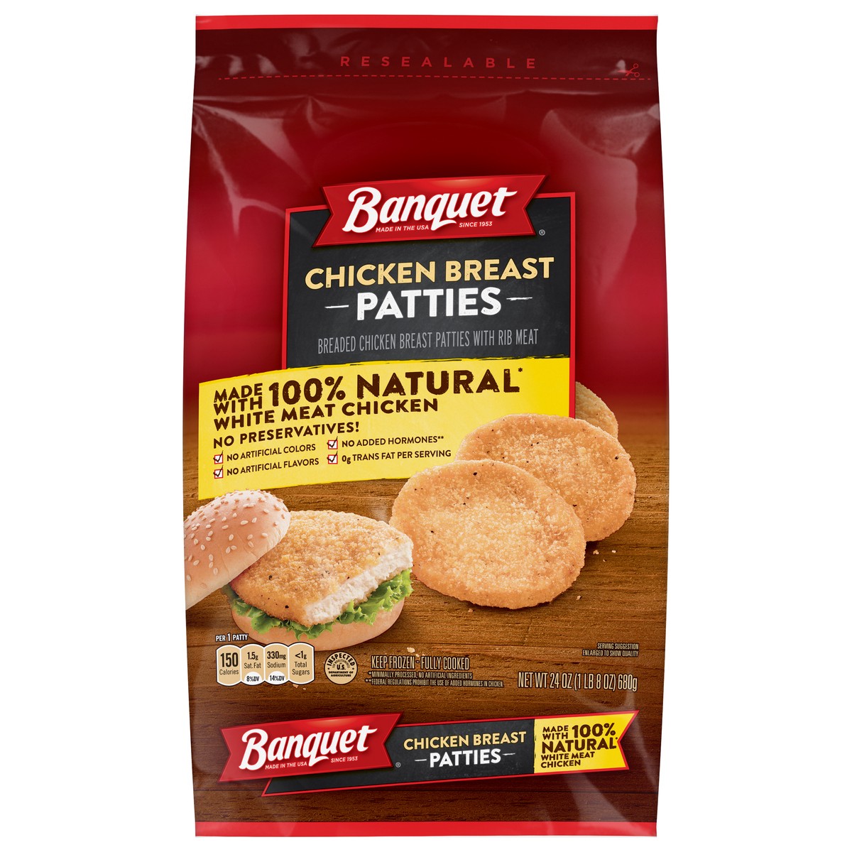 slide 1 of 5, Banquet Chicken Breast Patties 24 oz, 24 oz