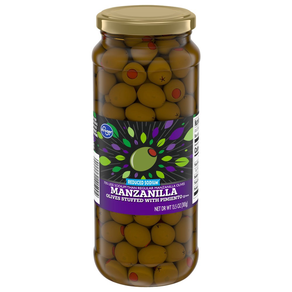 slide 2 of 2, Kroger Reduced Sodium Manzanilla Pimiento Stuffed Olives, 13.5 oz