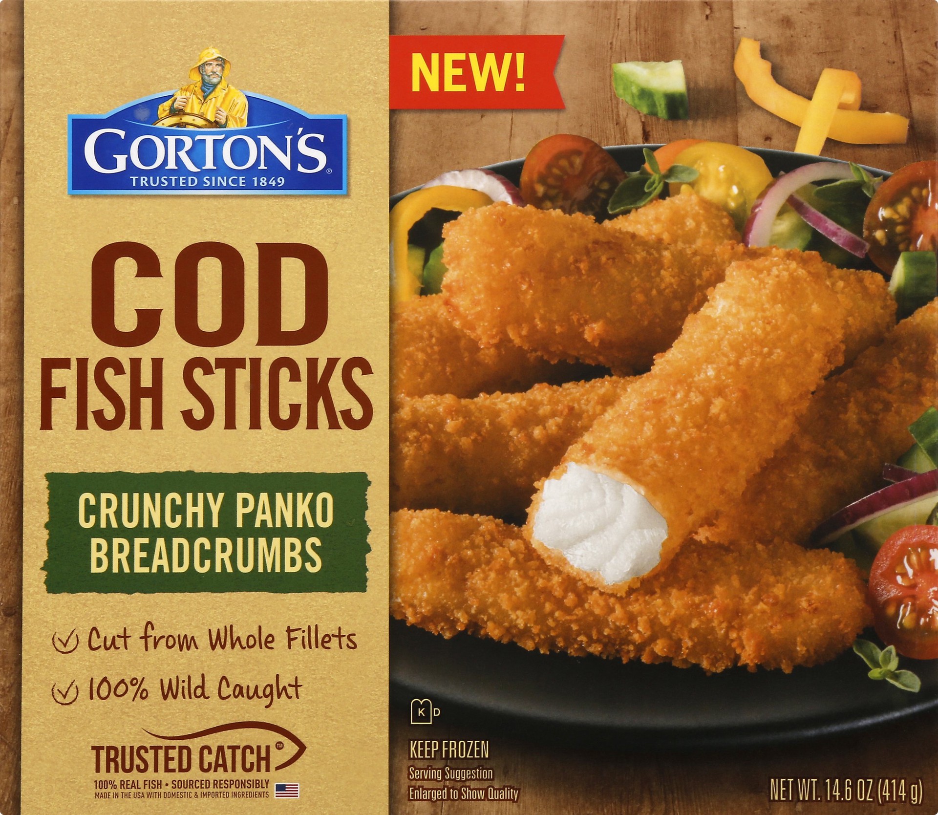 slide 1 of 9, Gorton's Gorton''s Crunchy Breaded Fish Sticks Cut from Whole Fish Fillets, Wild Caught Cod with Crunchy Breadcrumbs, Frozen, 14.6 Ounce Package, 14.6 oz