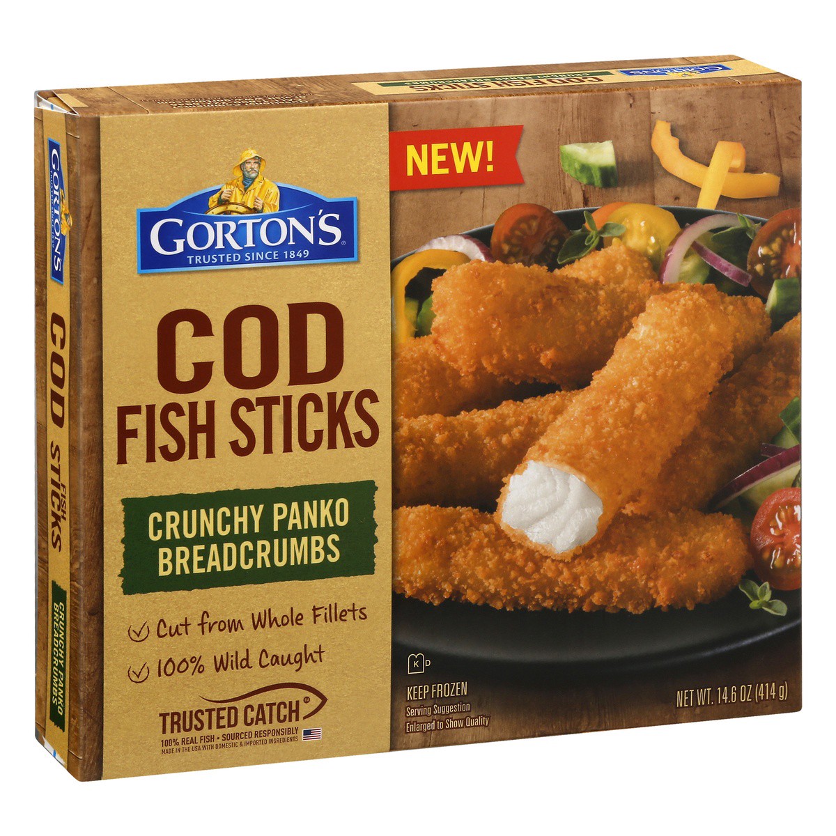 slide 2 of 9, Gorton's Gorton''s Crunchy Breaded Fish Sticks Cut from Whole Fish Fillets, Wild Caught Cod with Crunchy Breadcrumbs, Frozen, 14.6 Ounce Package, 14.6 oz