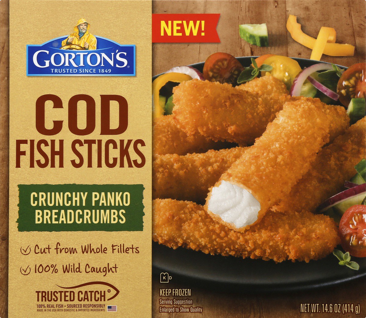 slide 5 of 9, Gorton's Gorton''s Crunchy Breaded Fish Sticks Cut from Whole Fish Fillets, Wild Caught Cod with Crunchy Breadcrumbs, Frozen, 14.6 Ounce Package, 14.6 oz