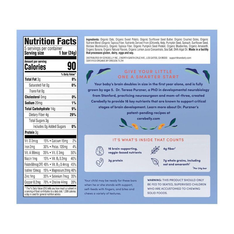 slide 3 of 5, Cerebelly Organic Toddler Blueberry Banana Sweet Potato Smart Snack Bars 5PK, 5 ct