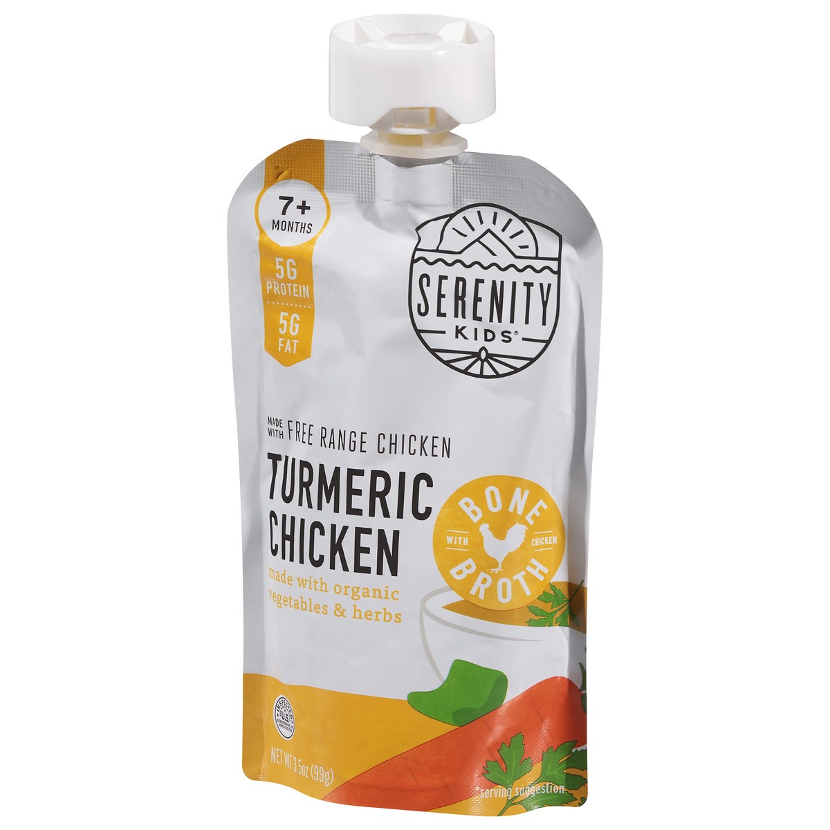 slide 3 of 11, Serenity Kids Turmeric Chicken with Bone Broth, Organic Vegetables & Herbs Pouch, 3.5oz, 3.5 oz