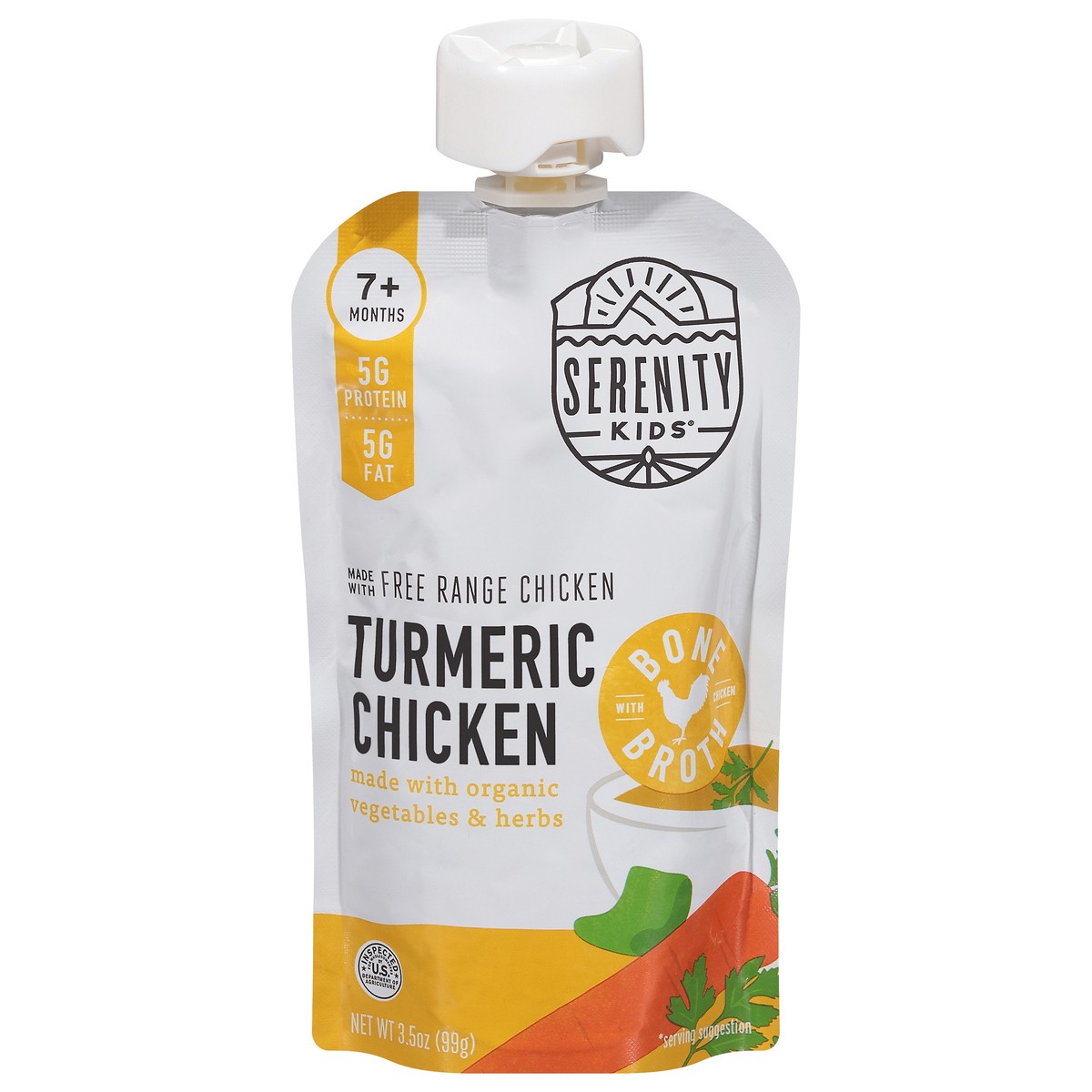 slide 1 of 11, Serenity Kids Turmeric Chicken with Bone Broth, Organic Vegetables & Herbs Pouch, 3.5oz, 3.5 oz