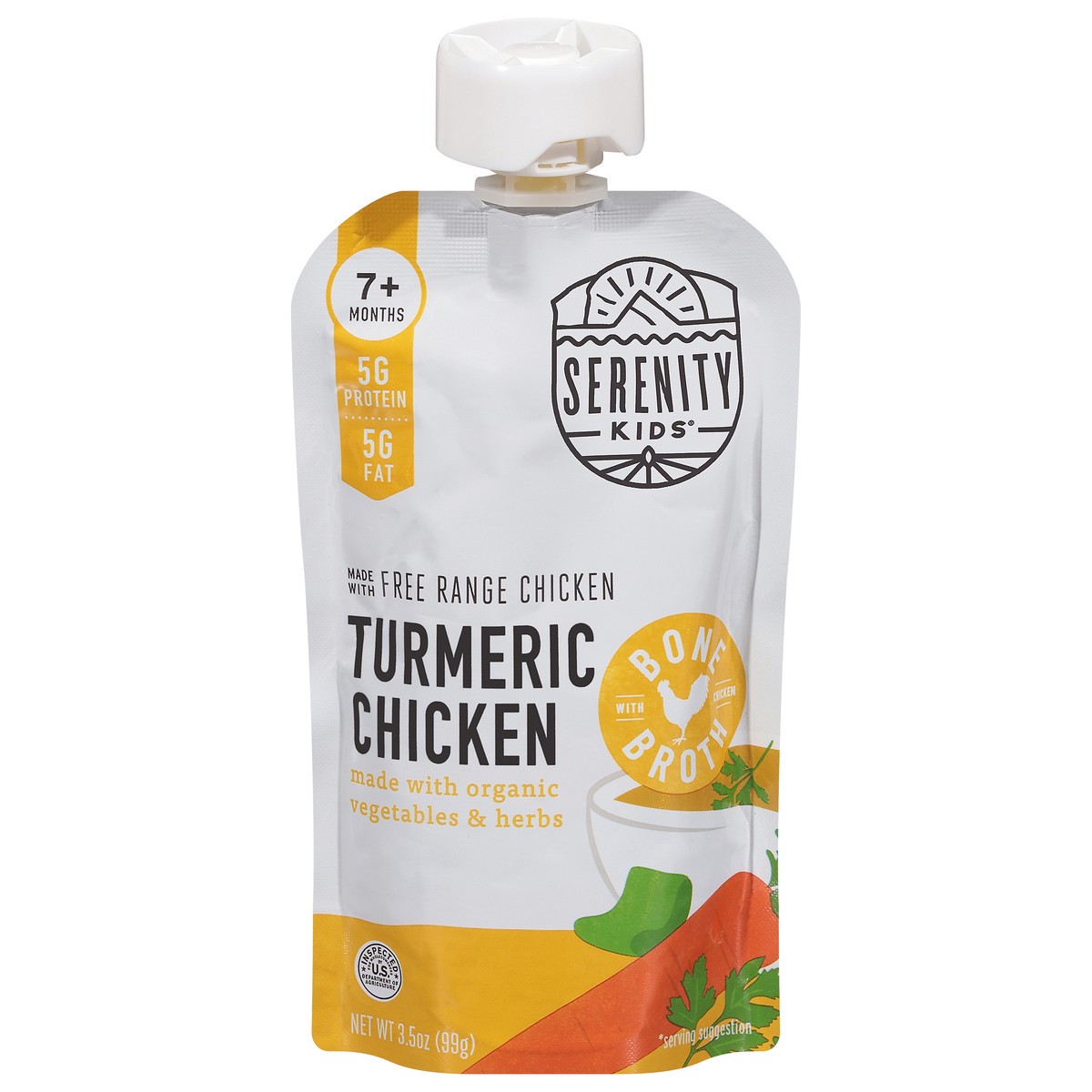 slide 9 of 11, Serenity Kids Turmeric Chicken with Bone Broth, Organic Vegetables & Herbs Pouch, 3.5oz, 3.5 oz