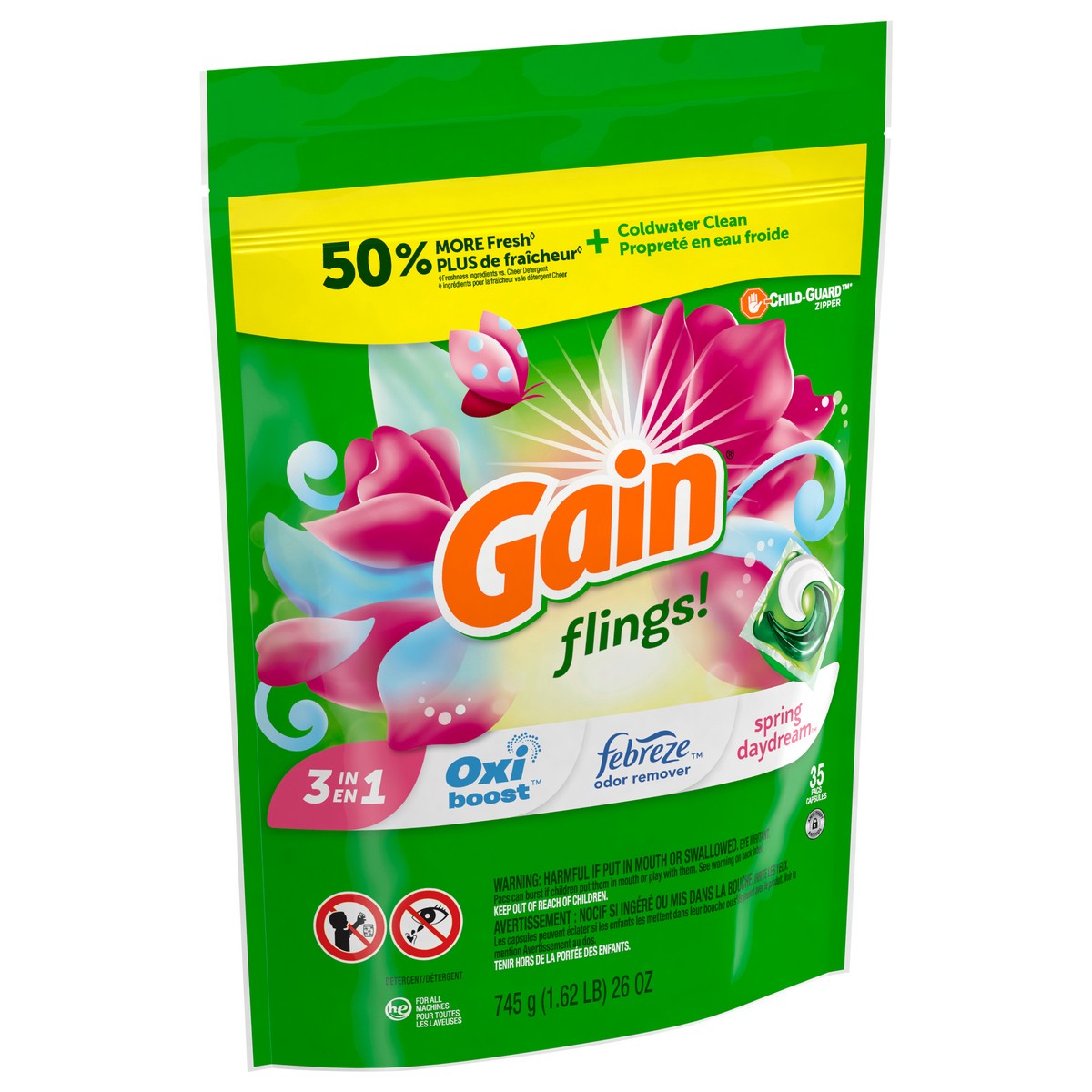 slide 2 of 3, Gain flings! Liquid Laundry Detergent Soap Pacs, HE Compatible, 35 Count, Long Lasting Scent, Spring Daydream Scent, 35 ct