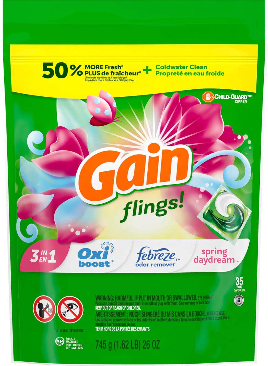 slide 3 of 3, Gain flings! Liquid Laundry Detergent Soap Pacs, HE Compatible, 35 Count, Long Lasting Scent, Spring Daydream Scent, 35 ct