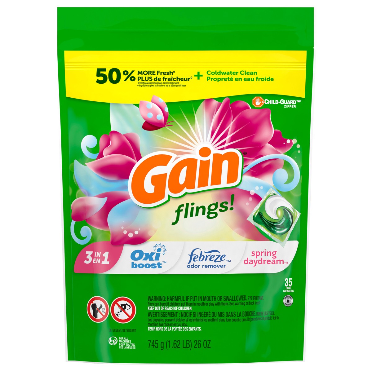 slide 1 of 3, Gain flings! Liquid Laundry Detergent Soap Pacs, HE Compatible, 35 Count, Long Lasting Scent, Spring Daydream Scent, 35 ct