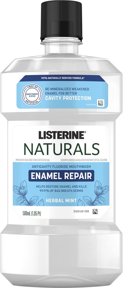 slide 7 of 7, Listerine Naturals Enamel Repair Mouthwash with Mineral Sodium Fluoride, Oral Rinse To Help Restore Tooth Enamel & Kill Bad Breath Germs, 99% Naturally Derived*, Herbal Mint, 500 mL, 16.9 oz