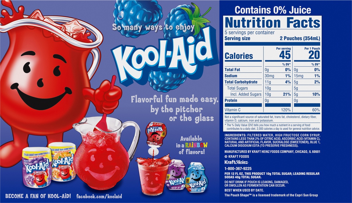 Kool-Aid Jammers Blue Raspberry Artificially Flavored Drink Pouches 10 ...