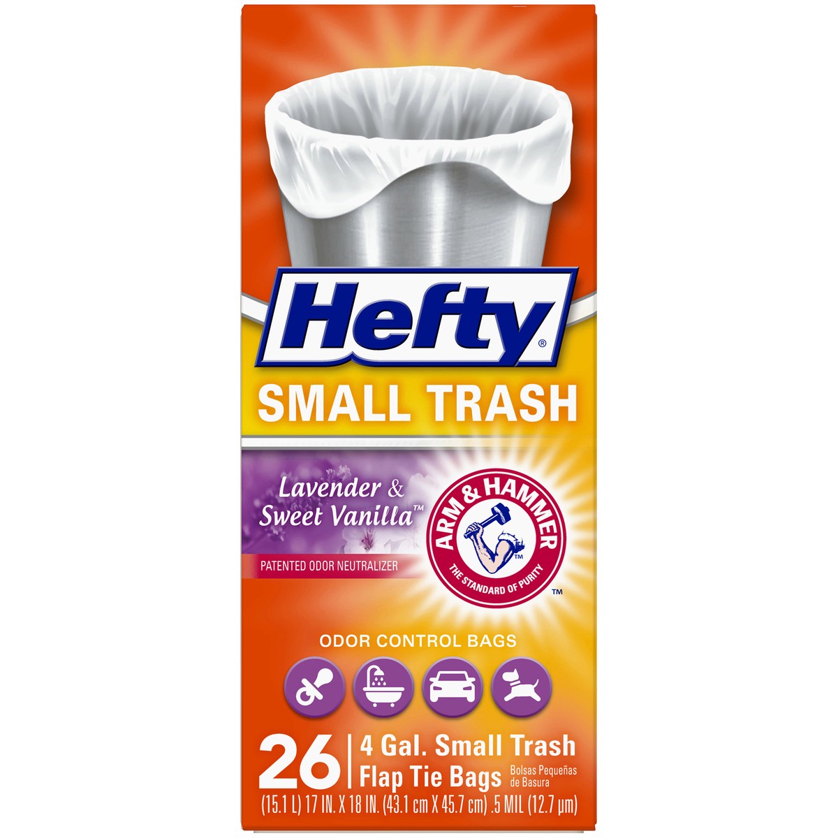 slide 5 of 12, Hefty Small Flap Tie Trash Bags - Lavender & Sweet Vanilla Scent, 26 ct; 4 gal