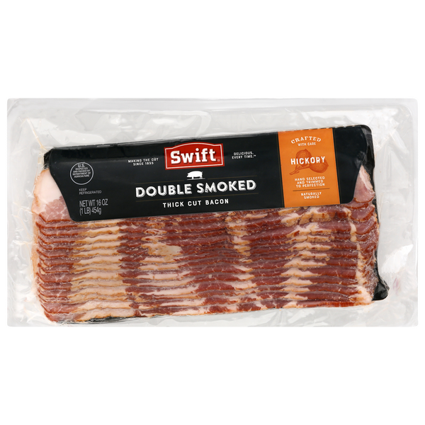 slide 1 of 1, Swift Double Smoked Hickory Thick Cut Bacon Sliced, 16 oz