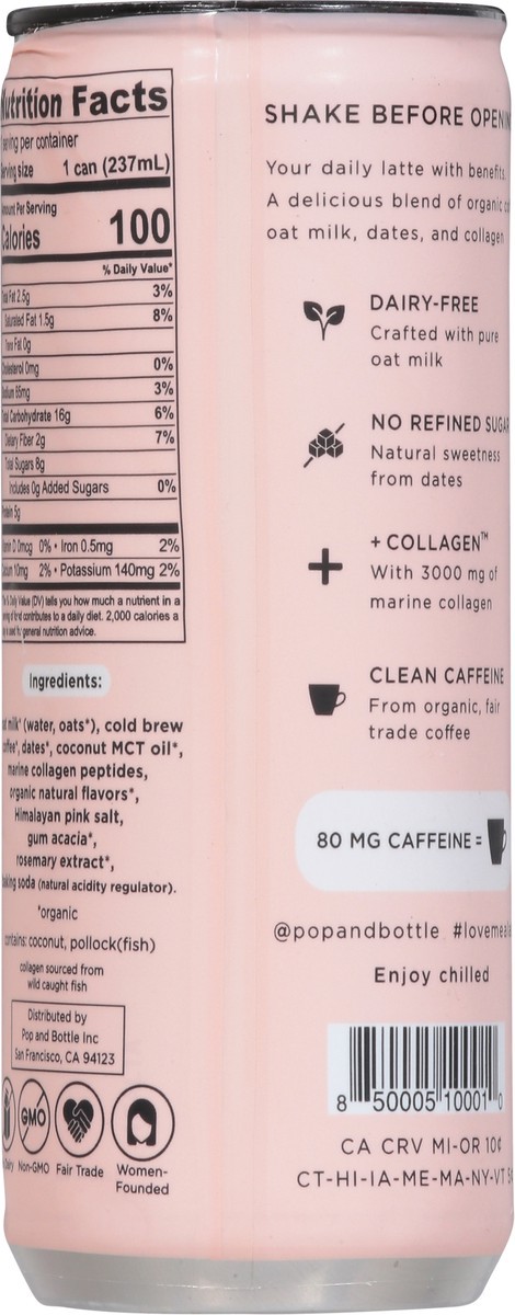 slide 6 of 9, Pop & Bottle +Collagen Vanilla Oat Milk Latte 8 fl oz, 8 oz