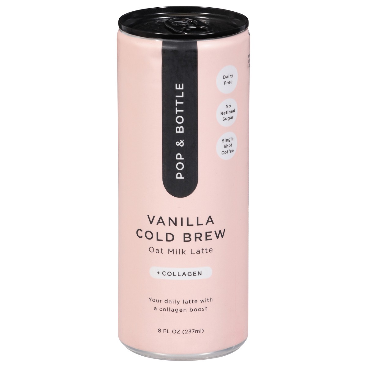 slide 1 of 9, Pop & Bottle +Collagen Vanilla Cold Brew Oat Milk Latte 8 fl oz, 8 oz