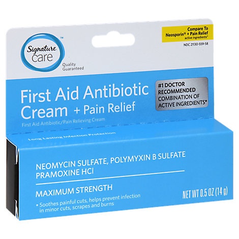 slide 1 of 1, Signature Care Cream Antibiotic First Aid + Pain Relief Maximum Strength, 0.5 oz