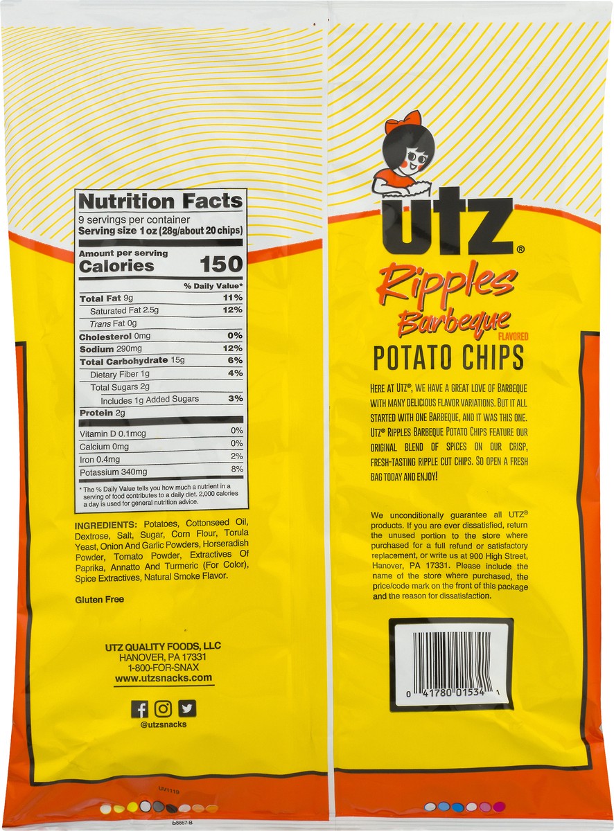 slide 9 of 9, Utz Ripples Barbeque Flavored Potato Chips Family Size 9 oz, 9 oz