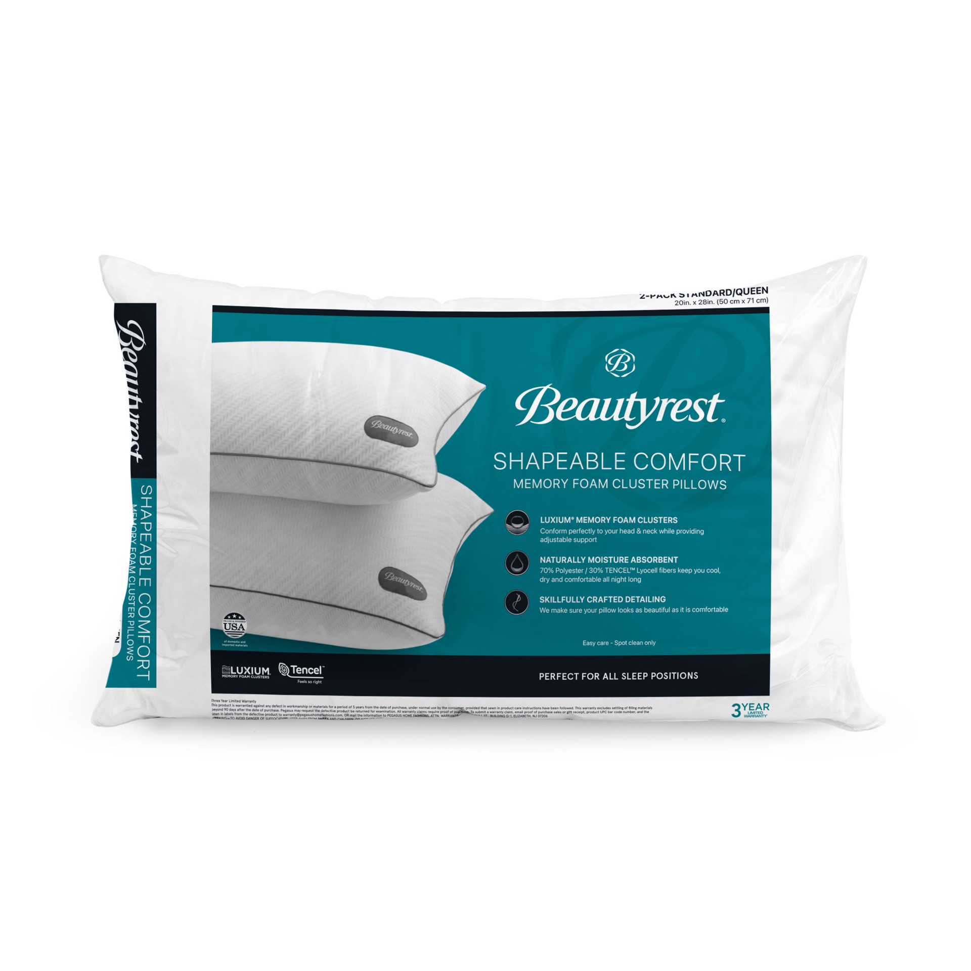 slide 1 of 1, Pegasus Home Fashions Inc Beautyrest Memory Foam Cluster Jumbo Pillow, Queen, 2-Pack, 1 ct