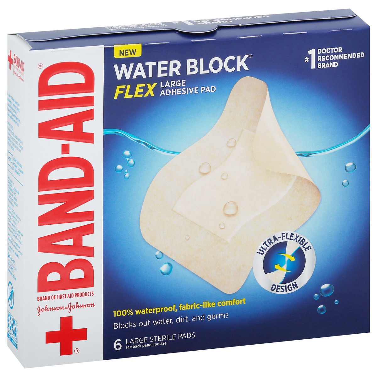 slide 7 of 9, BAND-AID Water Block Flex Large Adhesive Pads, 100% Waterproof Bandage Pads for First-Aid Wound Care of Minor Cuts, Scrapes & Wounds, Ultra-Flexible Design, Sterile, Large, 6 ct, 6 ct