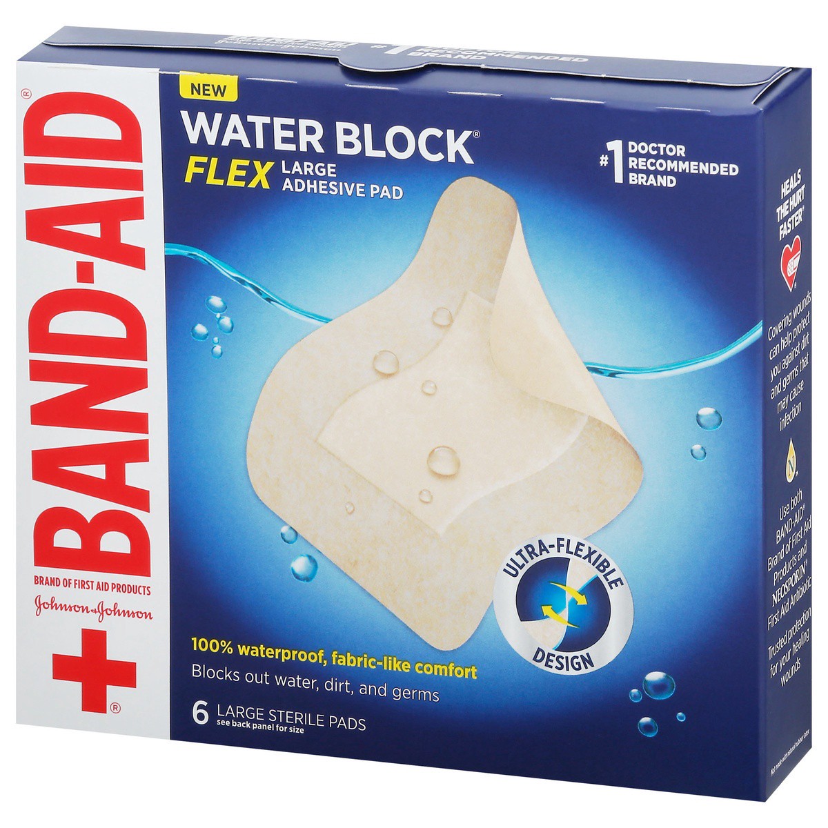 slide 3 of 9, BAND-AID Water Block Flex Large Adhesive Pads, 100% Waterproof Bandage Pads for First-Aid Wound Care of Minor Cuts, Scrapes & Wounds, Ultra-Flexible Design, Sterile, Large, 6 ct, 6 ct