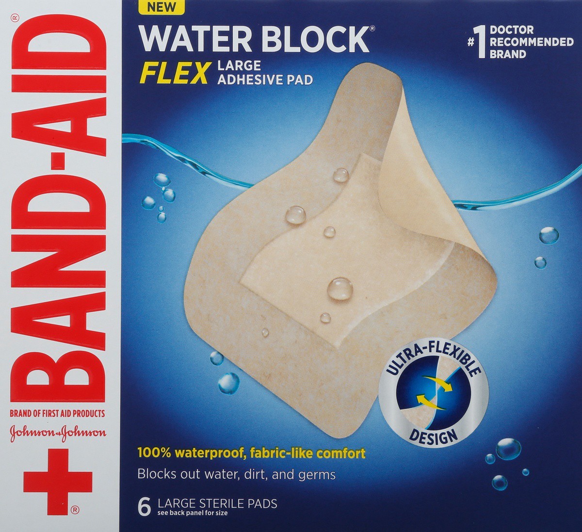 slide 8 of 9, BAND-AID Water Block Flex Large Adhesive Pads, 100% Waterproof Bandage Pads for First-Aid Wound Care of Minor Cuts, Scrapes & Wounds, Ultra-Flexible Design, Sterile, Large, 6 ct, 6 ct