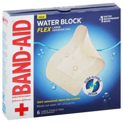 Band-Aid Brand Water Block Flex Large Adhesive Pads, 100% Waterproof Bandage Pads for First-Aid Wound Care of Minor Cuts, Scrapes & Wounds, Ultra-Flexible Design, Sterile, Large, 6 ct