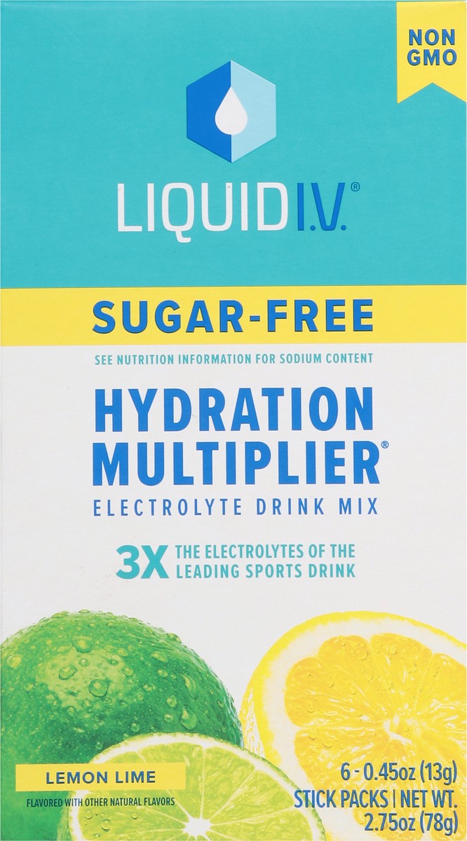 slide 3 of 15, Liquid I.V. Hydration Multiplier Sugar-Free - Lemon Lime - Hydration Powder Packets | Electrolyte Powder Drink Mix | Convenient Single-Serving Sticks | Non-GMO | 6 Sticks, 6 ct