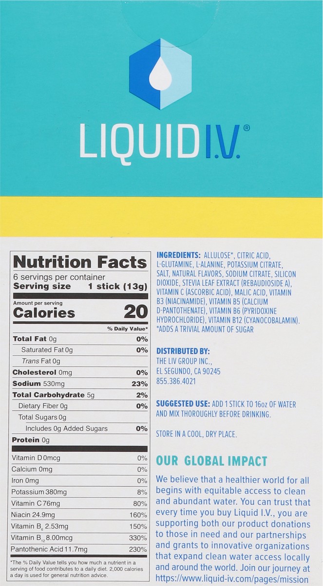 slide 14 of 15, Liquid I.V. Hydration Multiplier Sugar-Free - Lemon Lime - Hydration Powder Packets | Electrolyte Powder Drink Mix | Convenient Single-Serving Sticks | Non-GMO | 6 Sticks, 6 ct