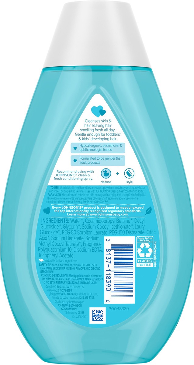 slide 4 of 7, Johnson's Clean & Fresh Tear-Free Children's Shampoo & Body Wash, Paraben-, Sulfate- & Dye-Free Formula is Hypoallergenic & Gentle on Toddler's Sensitive Skin, FreshBoost Fragrance, 13.6 fl. oz, 400 ml