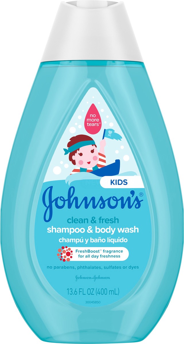 slide 5 of 7, Johnson's Clean & Fresh Tear-Free Children's Shampoo & Body Wash, Paraben-, Sulfate- & Dye-Free Formula is Hypoallergenic & Gentle on Toddler's Sensitive Skin, FreshBoost Fragrance, 13.6 fl. oz, 400 ml