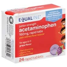 slide 1 of 1, Equaline Acetaminophen, 160 mg, Chewable Tablets, Grape Flavor, Children's, 24 Each, 24 ct