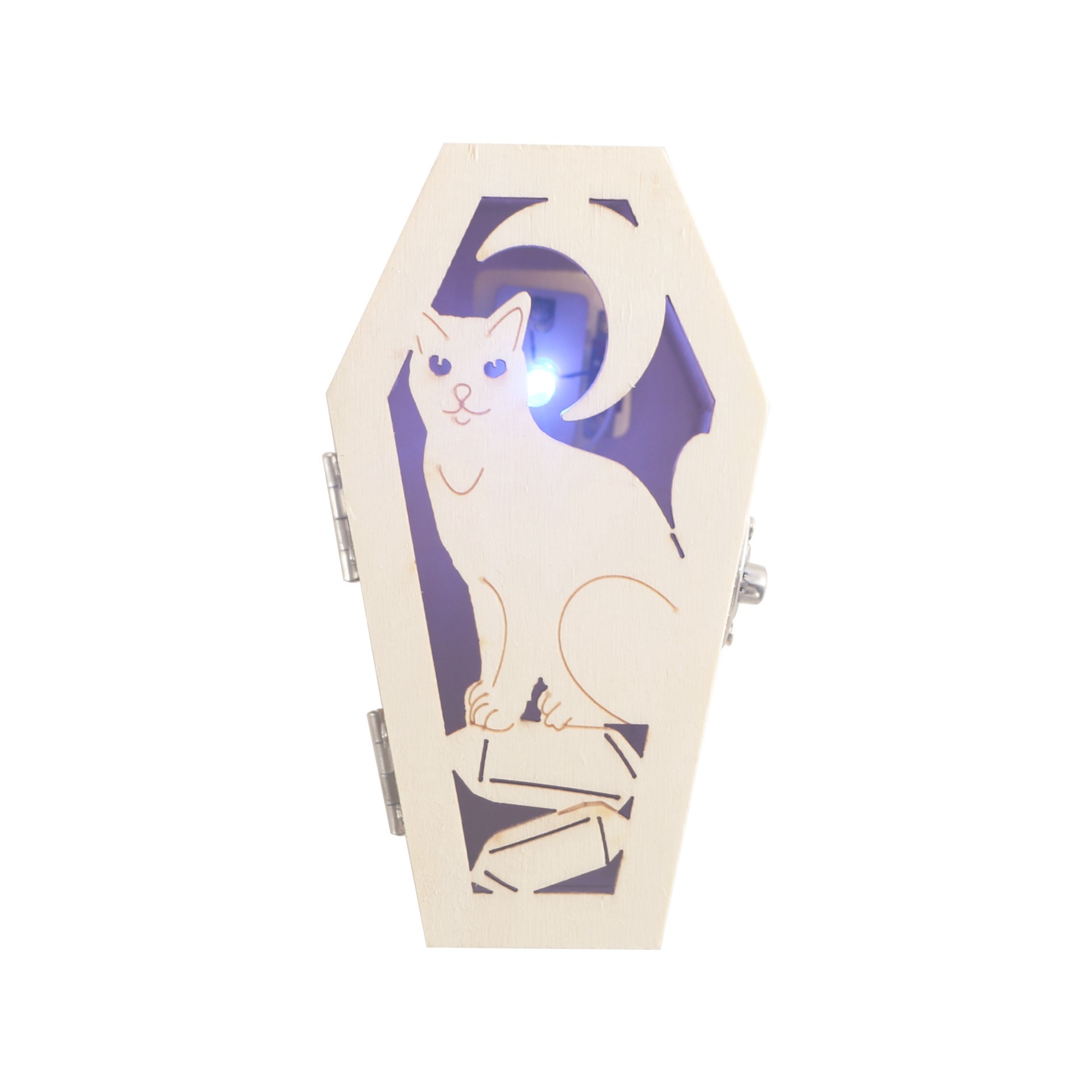 slide 4 of 4, Mini Cat & Moon Coffin Diy Led Wood Decor By Make Market, 2.3 in x 1.5 in x 4.4 in