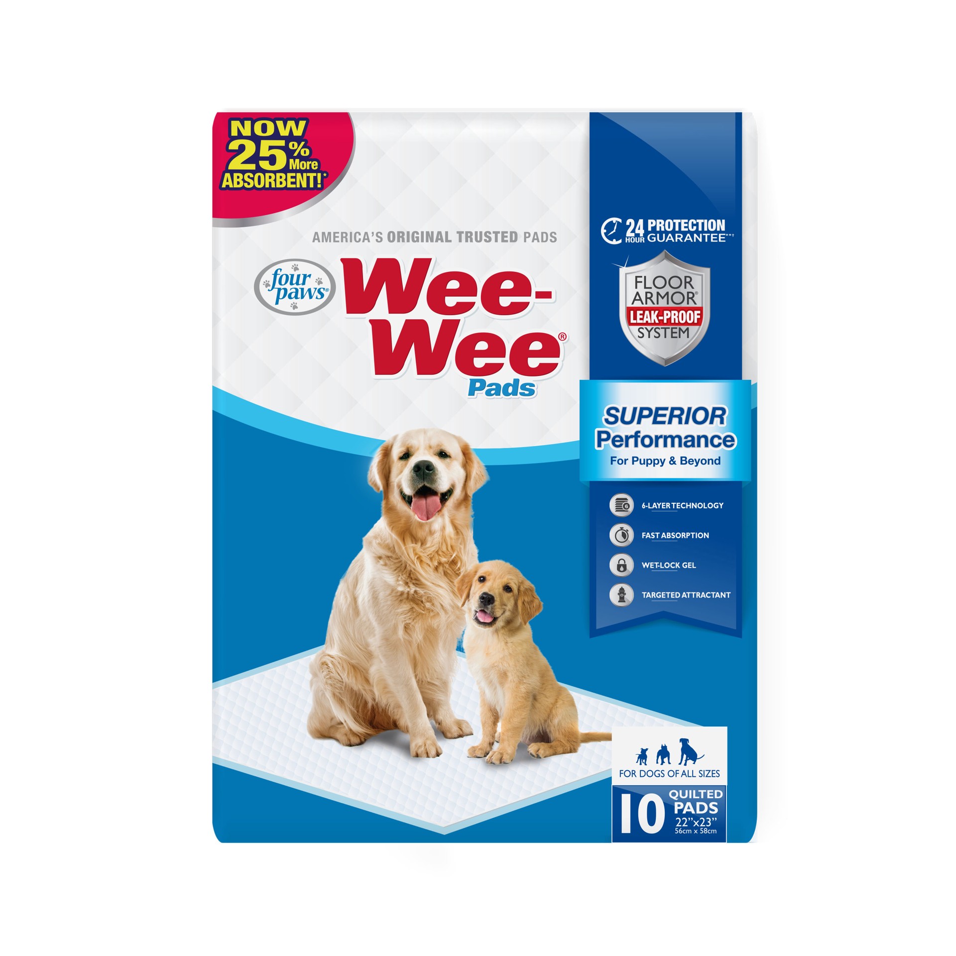 slide 1 of 10, Four Paws Four Paws Wee-Wee Superior Performance Dog Pee Pads 22" x 23" (10 Pack), 10 ct