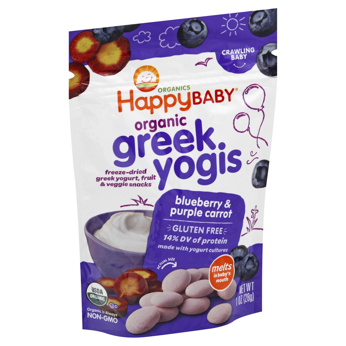 slide 2 of 8, Happy Baby Happy Family HappyBaby Organic Greek Yogis Blueberry & Purple Carrot Baby Snacks -1oz, 1 oz