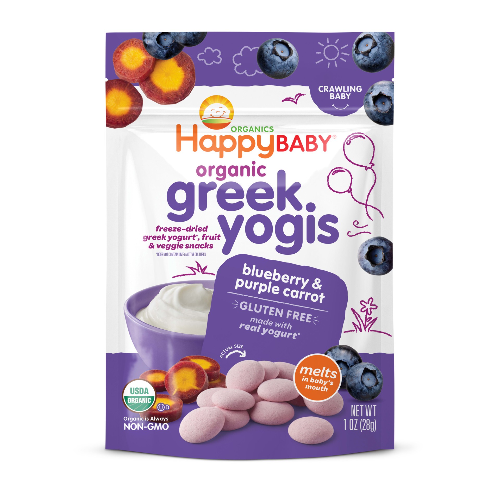 slide 1 of 8, Happy Baby Organics Organic Greek Yogis Freeze-Dried Greek Yogurt, Fruit & Veggie Snacks Blueberry & Purple Carrot 1 oz UNIT, 1 oz