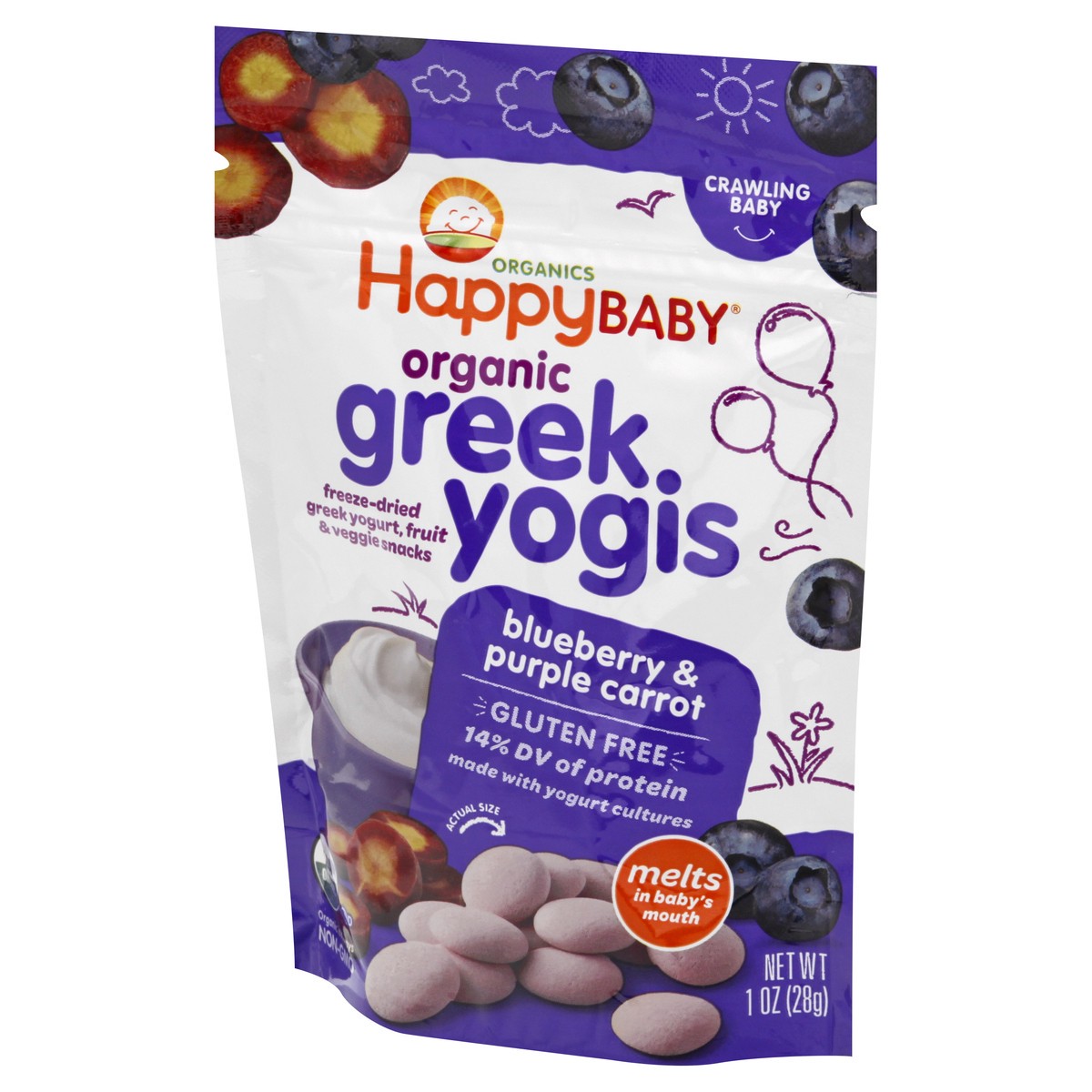 slide 3 of 8, Happy Baby Happy Family HappyBaby Organic Greek Yogis Blueberry & Purple Carrot Baby Snacks -1oz, 1 oz